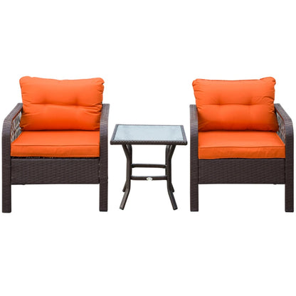 Outsunny 3 Pieces Rattan Bistro Set with Glass Top Coffee Table, Chairs and Cushions for Outdoor, Patio, Balcony