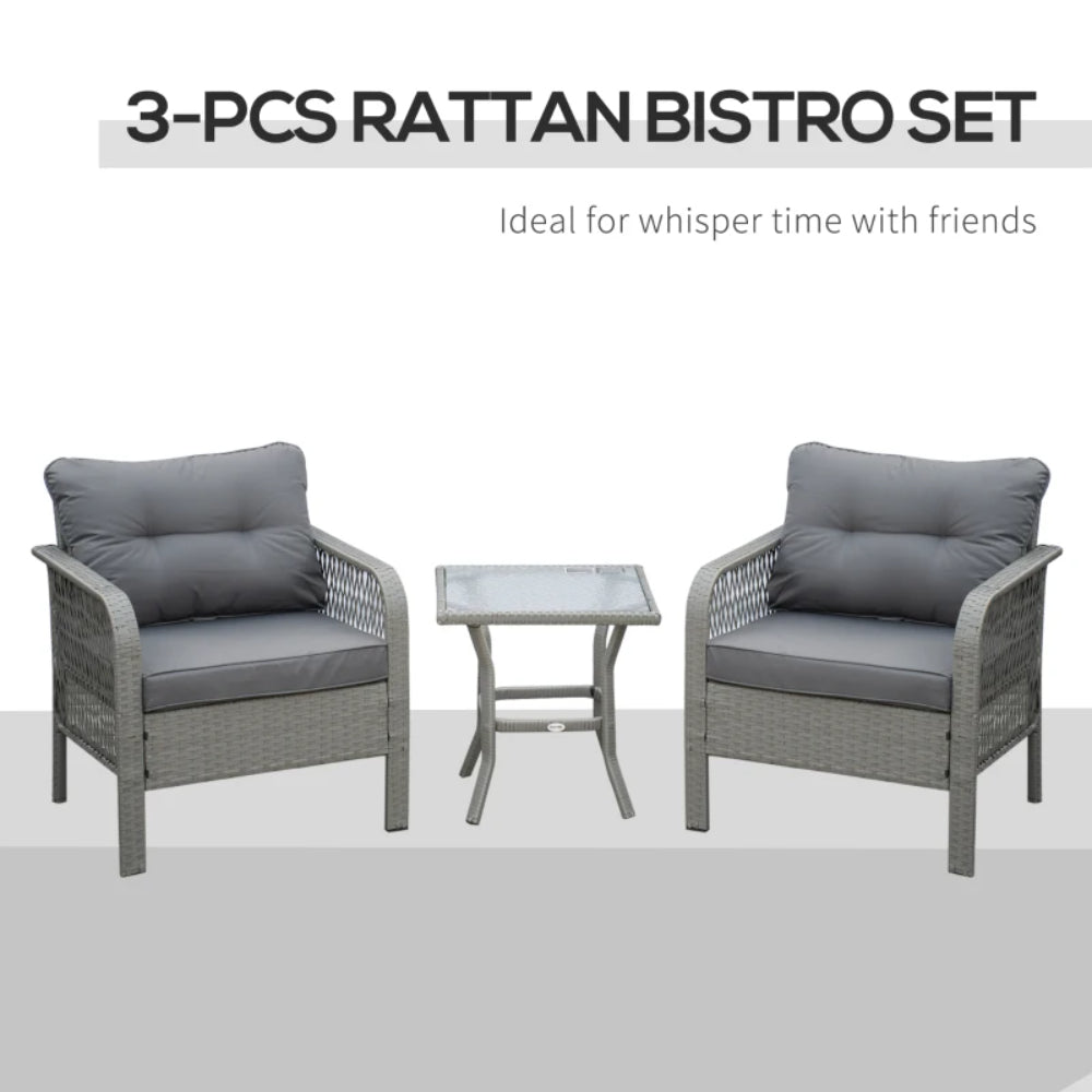 Outsunny 3 Pieces Rattan Bistro Set with Glass Top Coffee Table, Chairs and Cushions for Outdoor, Patio, Balcony