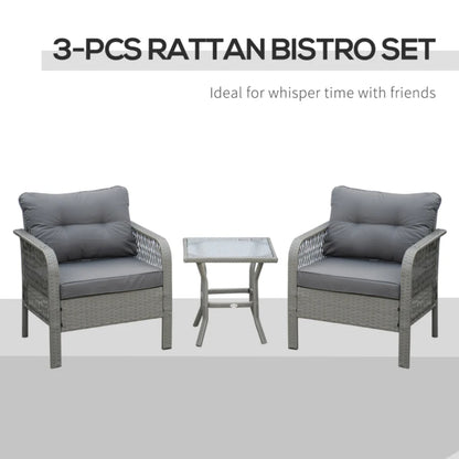 Outsunny 3 Pieces Rattan Bistro Set with Glass Top Coffee Table, Chairs and Cushions for Outdoor, Patio, Balcony