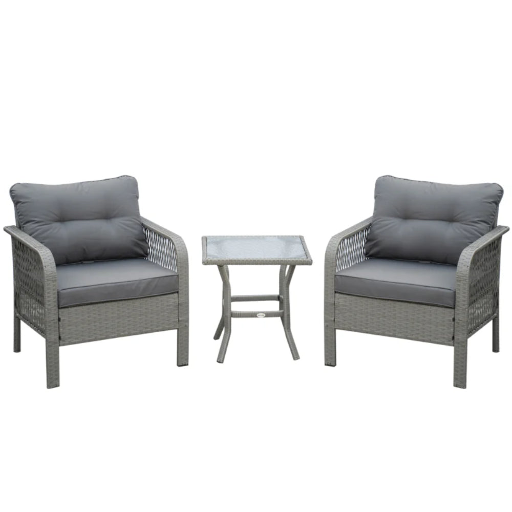Outsunny 3 Pieces Rattan Bistro Set with Glass Top Coffee Table, Chairs and Cushions for Outdoor, Patio, Balcony