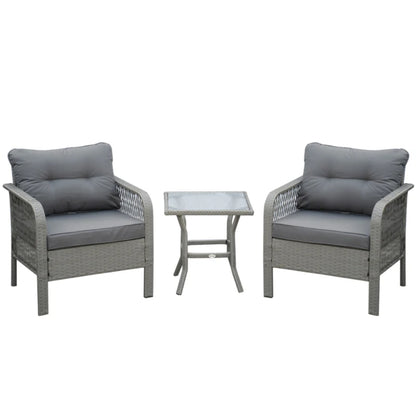 Outsunny 3 Pieces Rattan Bistro Set with Glass Top Coffee Table, Chairs and Cushions for Outdoor, Patio, Balcony
