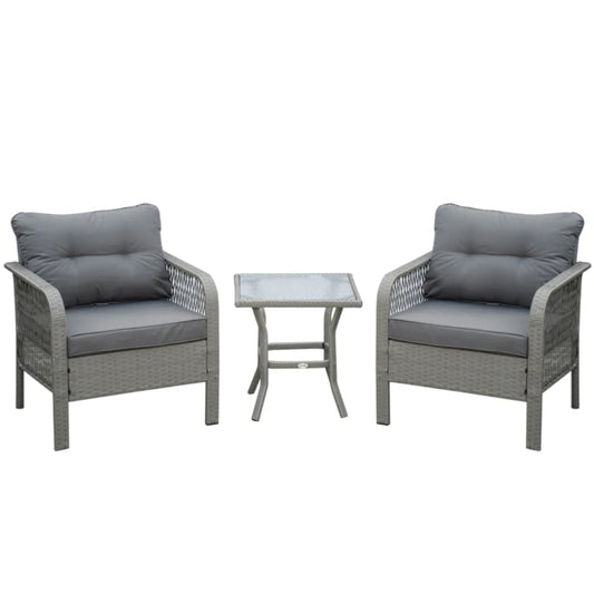Outsunny 3 Pieces Rattan Bistro Set with Glass Top Coffee Table, Chairs and Cushions for Outdoor, Patio, Balcony