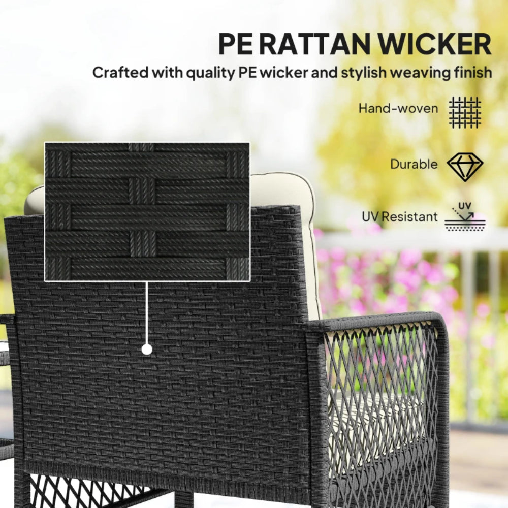 Outsunny 3 Pieces Rattan Bistro Set with Glass Top Coffee Table, Chairs and Cushions for Outdoor, Patio, Balcony, Cream