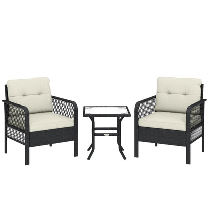 Outsunny 3 Pieces Rattan Bistro Set with Glass Top Coffee Table, Chairs and Cushions for Outdoor, Patio, Balcony, Cream
