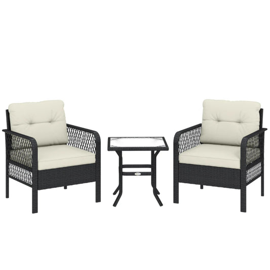 Outsunny 3 Pieces Rattan Bistro Set with Glass Top Coffee Table, Chairs and Cushions for Outdoor, Patio, Balcony, Cream