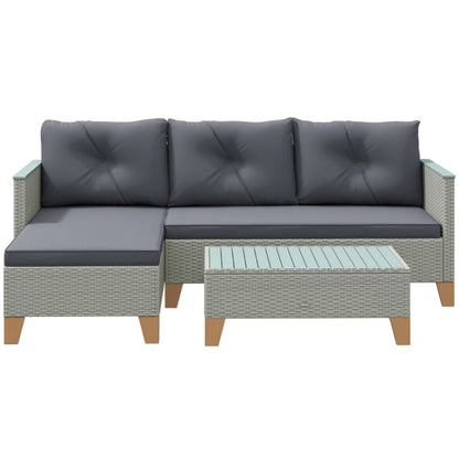 Outsunny 3 Pieces Rattan Garden Furniture Set, L Shaped Garden Conversation Chaise Lounge Furniture with Wood Top Coffee Table and Thick Cushions, Charcoal Grey