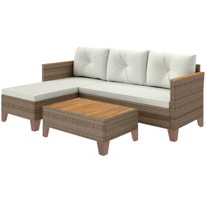 Outsunny 3 Pieces Rattan Garden Furniture Set, L Shaped Garden Conversation Chaise Lounge Furniture with Wood Top Coffee Table and Thick Cushions, Cream