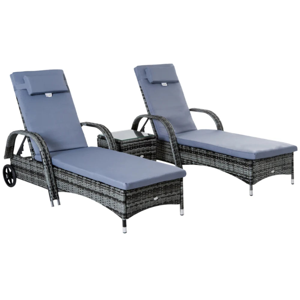 Outsunny 3 Pieces Rattan Sun Loungers, Garden Wicker Wheeling Recliner , PE Rattan Lounge Chairs w/ Cushions & Side Coffee Table Grey