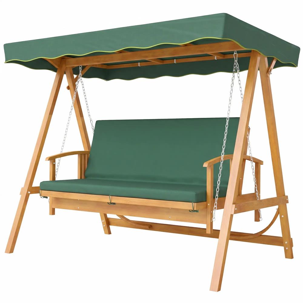 Outsunny 3 Seater 2-in-1 Wooden Garden Swing Seat Swing Chair, Outdoor Convertible Hammock Bench w/cushion, Furniture Lounger Bed, Dark Green 10