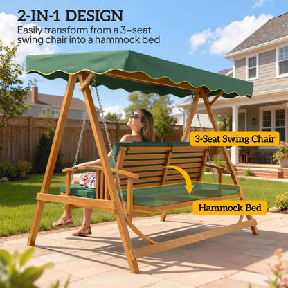 Outsunny 3 Seater 2-in-1 Wooden Garden Swing Seat Swing Chair, Outdoor Convertible Hammock Bench w/cushion, Furniture Lounger Bed, Dark Green 3
