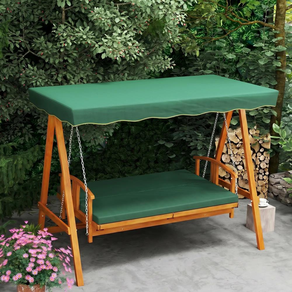 Outsunny 3 Seater 2-in-1 Wooden Garden Swing Seat Swing Chair, Outdoor Convertible Hammock Bench w/cushion, Furniture Lounger Bed, Dark Green 8