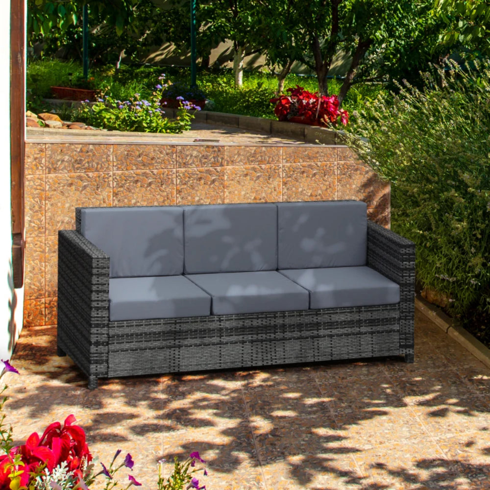 Outsunny 3 Seater All Weather Outdoor Sofa, Garden Rattan Sofa with Cushions and Mental Frame, Grey
