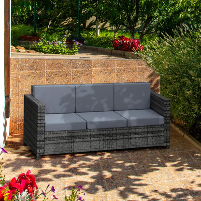 Outsunny 3 Seater All Weather Outdoor Sofa, Garden Rattan Sofa with Cushions and Mental Frame, Grey