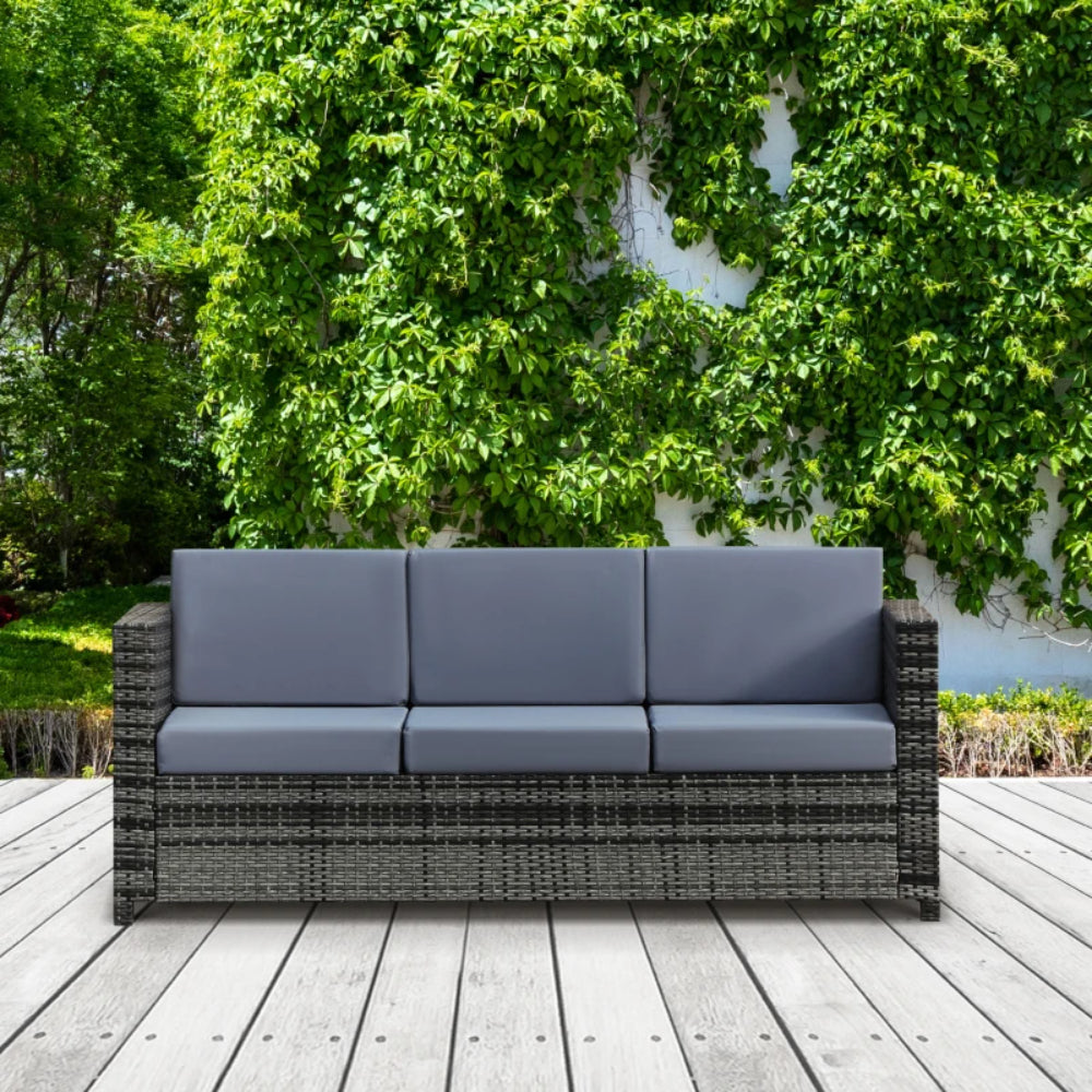 Outsunny 3 Seater All Weather Outdoor Sofa, Garden Rattan Sofa with Cushions and Mental Frame, Grey