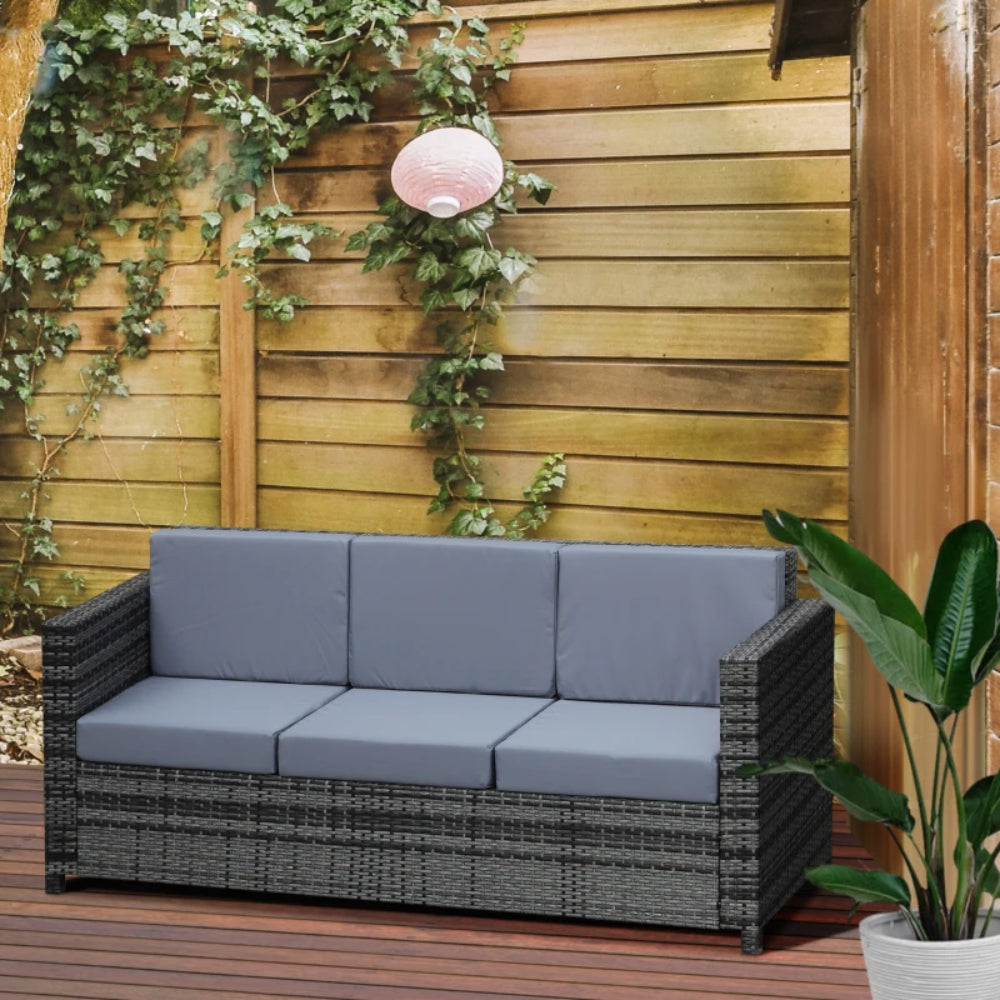 Outsunny 3 Seater All Weather Outdoor Sofa, Garden Rattan Sofa with Cushions and Mental Frame, Grey
