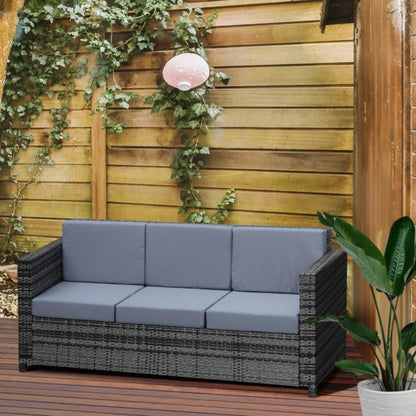 Outsunny 3 Seater All Weather Outdoor Sofa, Garden Rattan Sofa with Cushions and Mental Frame, Grey