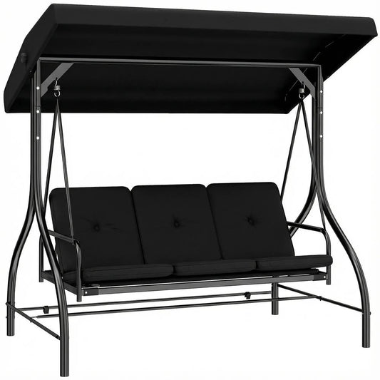 Outsunny 3 Seater Canopy Swing Chair, 2 in 1 Garden Swing Seat Bed, with Adjustable Canopy and Metal Frame 