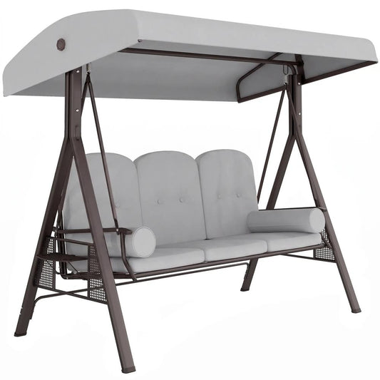 Outsunny 3 Seater Canopy Swing Chair, Outdoor Garden Swing Seat with Adjustable Canopy, Cushions and Cup Trays, Steel Frame, Light Grey 