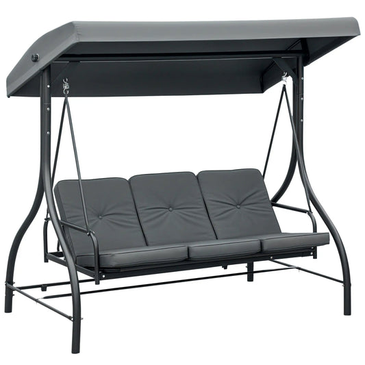 Outsunny 3 Seater Garden Swing Chair, 2 in 1 Convertible Patio Swing Seat Bed with Adjustable Canopy, Cushions and Metal Frame, Outdoor Hammock Bench Chair for Balcony, Terrace 