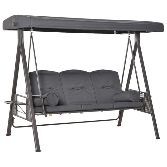 Outsunny 3 Seater Garden Swing Chair Outdoor Hammock Bench w/ Adjustable Canopy, Cushions and Cup Trays, Brown Steel Frame, Dark Grey Fabric 