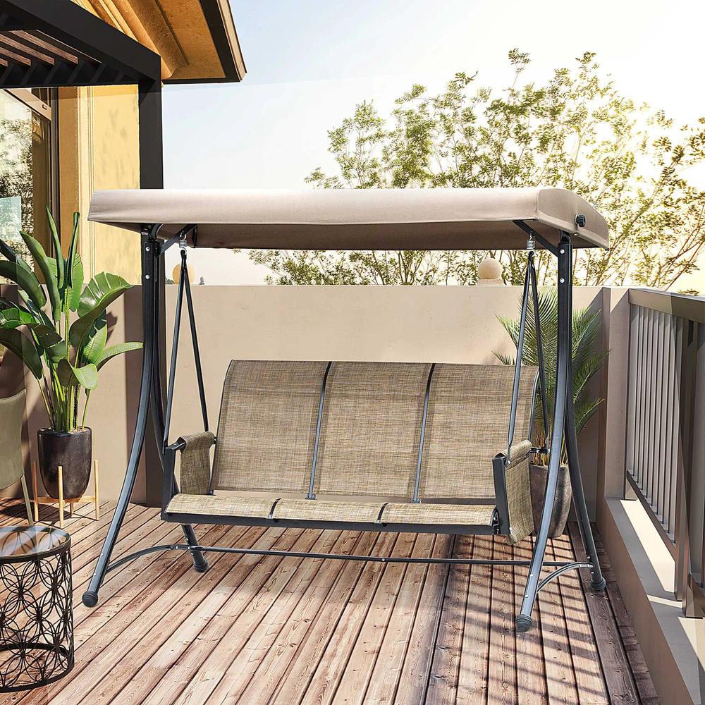 Outsunny 3 Seater Garden Swing Seat Outdoor Swing Chair with High Back Design, Steel Frame, Side Pouches, Adjustable Canopy, Brown 1