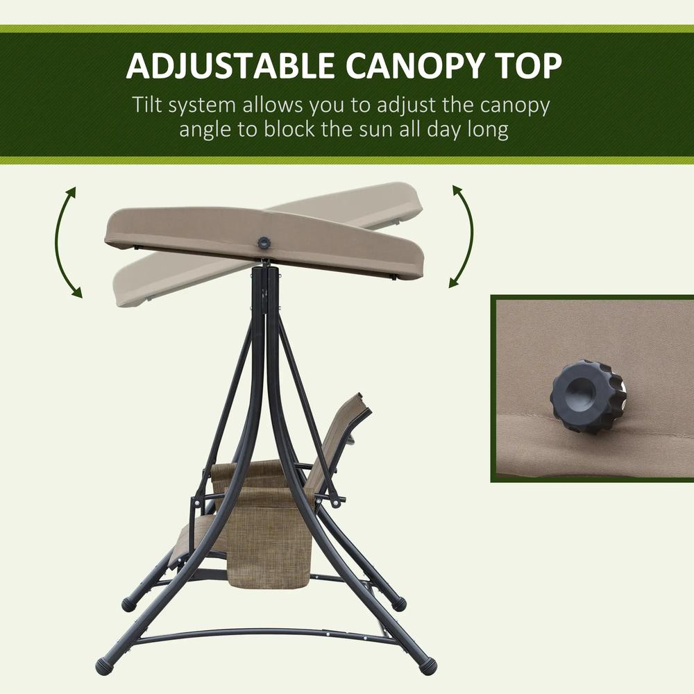 Outsunny 3 Seater Garden Swing Seat Outdoor Swing Chair with High Back Design, Steel Frame, Side Pouches, Adjustable Canopy, Brown 3