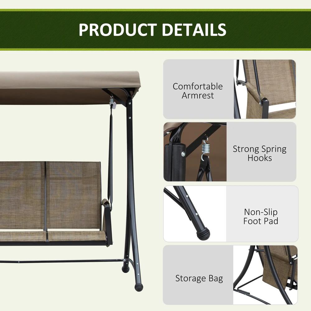 Outsunny 3 Seater Garden Swing Seat Outdoor Swing Chair with High Back Design, Steel Frame, Side Pouches, Adjustable Canopy, Brown 5