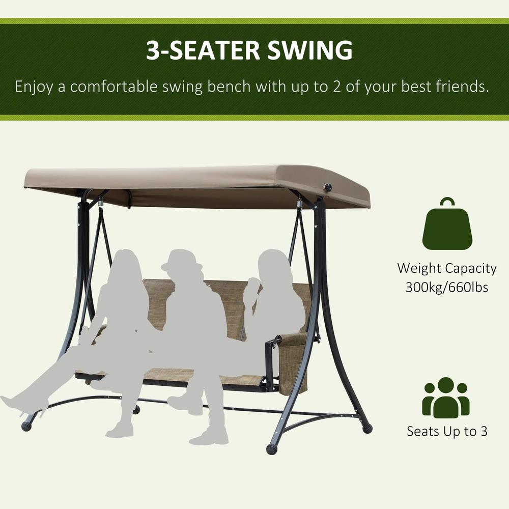 Outsunny 3 Seater Garden Swing Seat Outdoor Swing Chair with High Back Design, Steel Frame, Side Pouches, Adjustable Canopy, Brown 6