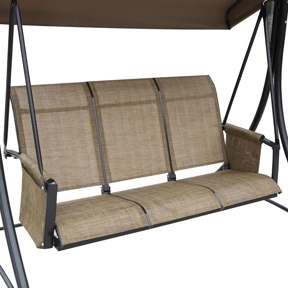 Outsunny 3 Seater Garden Swing Seat Outdoor Swing Chair with High Back Design, Steel Frame, Side Pouches, Adjustable Canopy, Brown 7