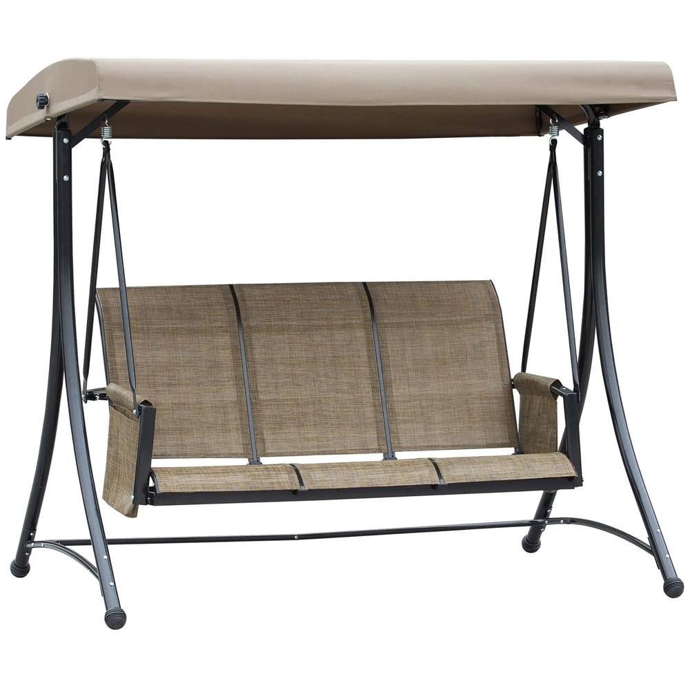 Outsunny 3 Seater Garden Swing Seat Outdoor Swing Chair with High Back Design, Steel Frame, Side Pouches, Adjustable Canopy, Brown 