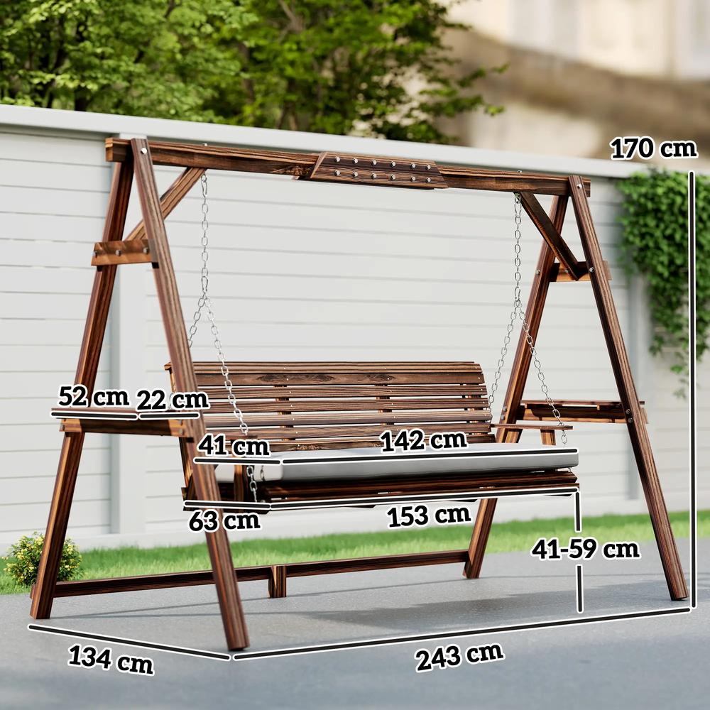 Outsunny 3 Seater Garden Swing Seat, Wooden Swing Chair Bench with Cushion, Side Trays and Metal Chains, for Outdoor Porch Patio, Carbonised Brown 2