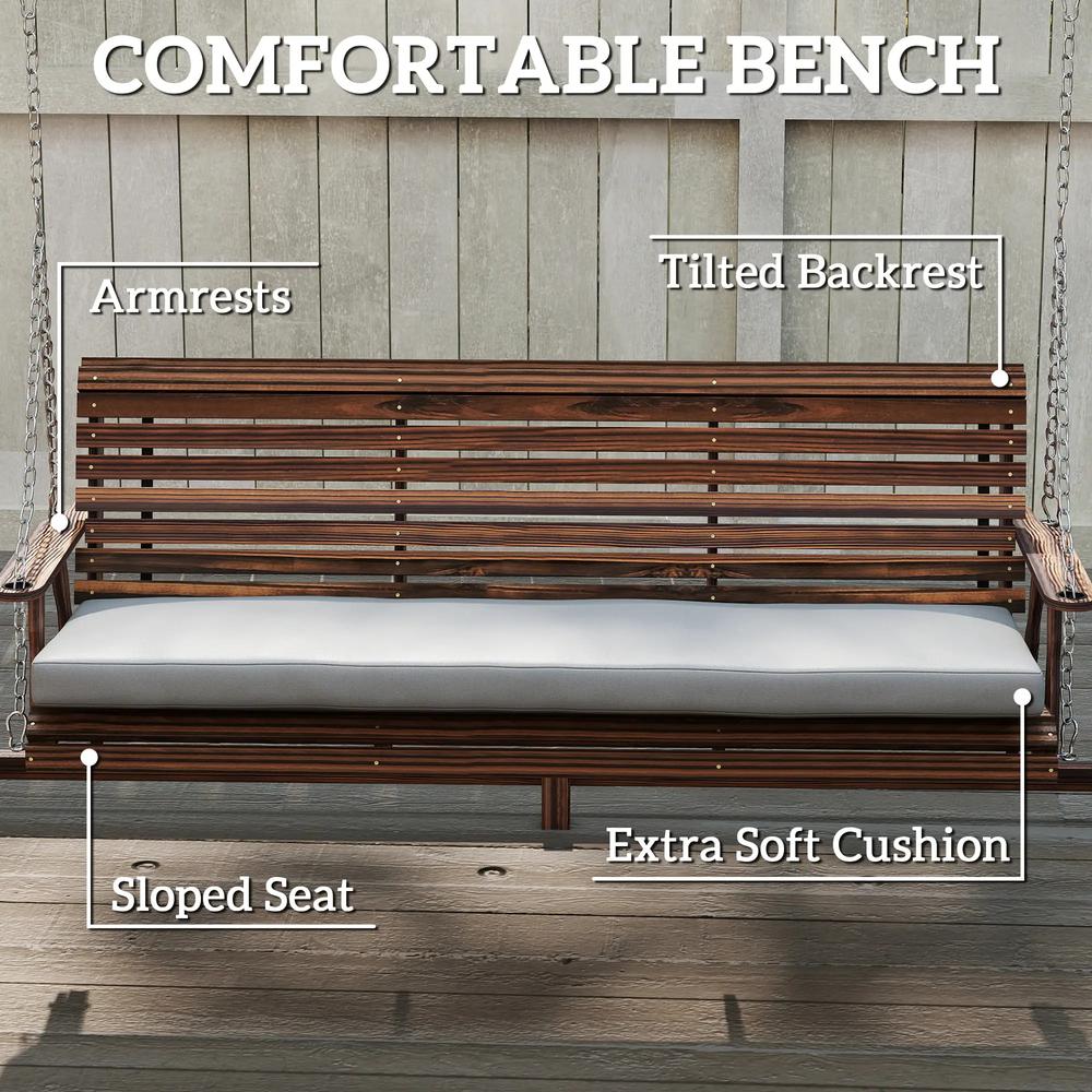 Outsunny 3 Seater Garden Swing Seat, Wooden Swing Chair Bench with Cushion, Side Trays and Metal Chains, for Outdoor Porch Patio, Carbonised Brown 4