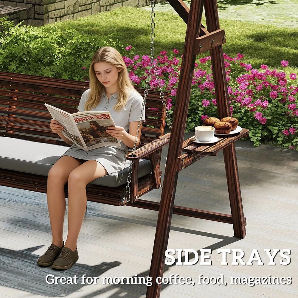 Outsunny 3 Seater Garden Swing Seat, Wooden Swing Chair Bench with Cushion, Side Trays and Metal Chains, for Outdoor Porch Patio, Carbonised Brown 5