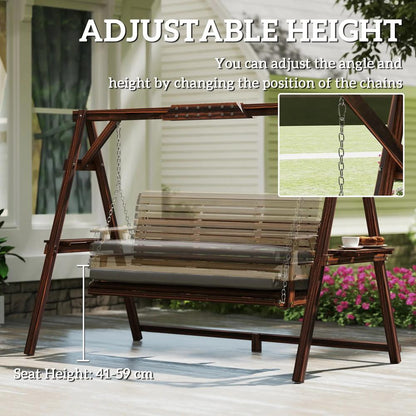 Outsunny 3 Seater Garden Swing Seat, Wooden Swing Chair Bench with Cushion, Side Trays and Metal Chains, for Outdoor Porch Patio, Carbonised Brown 6