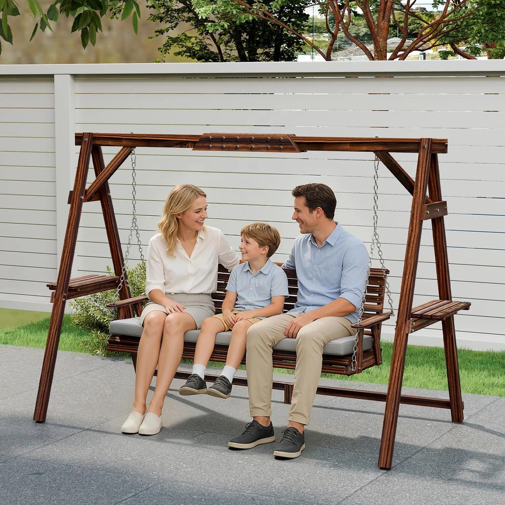 Outsunny 3 Seater Garden Swing Seat, Wooden Swing Chair Bench with Cushion, Side Trays and Metal Chains, for Outdoor Porch Patio, Carbonised Brown 7