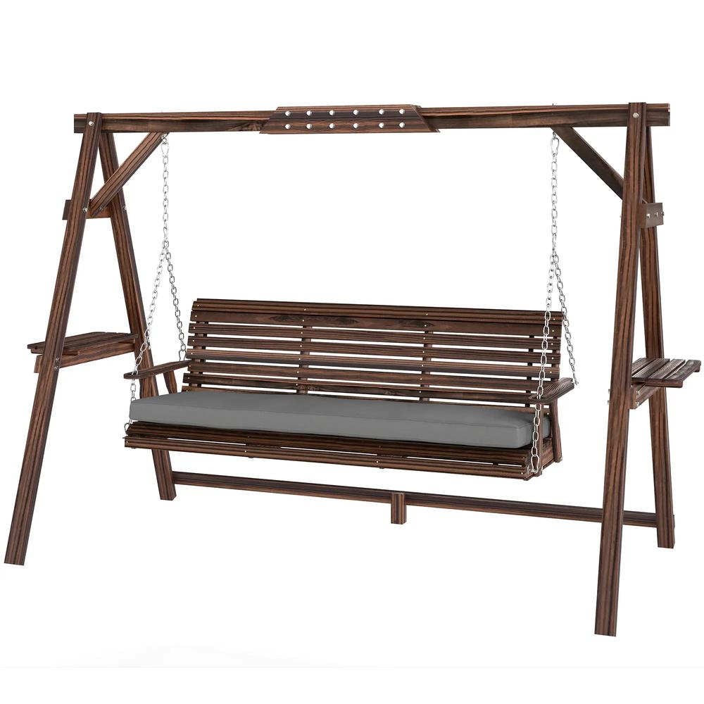 Outsunny 3 Seater Garden Swing Seat, Wooden Swing Chair Bench with Cushion, Side Trays and Metal Chains, for Outdoor Porch Patio, Carbonised Brown 9