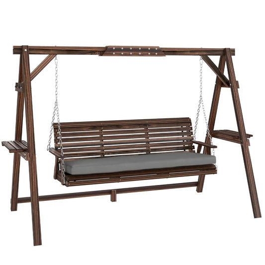 Outsunny 3 Seater Garden Swing Seat, Wooden Swing Chair Bench with Cushion, Side Trays and Metal Chains, for Outdoor Porch Patio, Carbonised Brown 