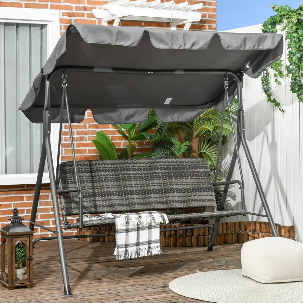 Outsunny 3-Seater Outdoor PE Rattan Swing Chair, Patio Wicker Hanging Swing Bench with Steel Frame Stand & Adjustable Canopy, Grey 1