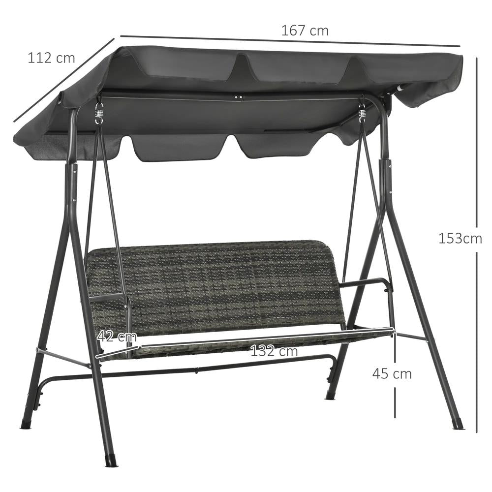 Outsunny 3-Seater Outdoor PE Rattan Swing Chair, Patio Wicker Hanging Swing Bench with Steel Frame Stand & Adjustable Canopy, Grey 2