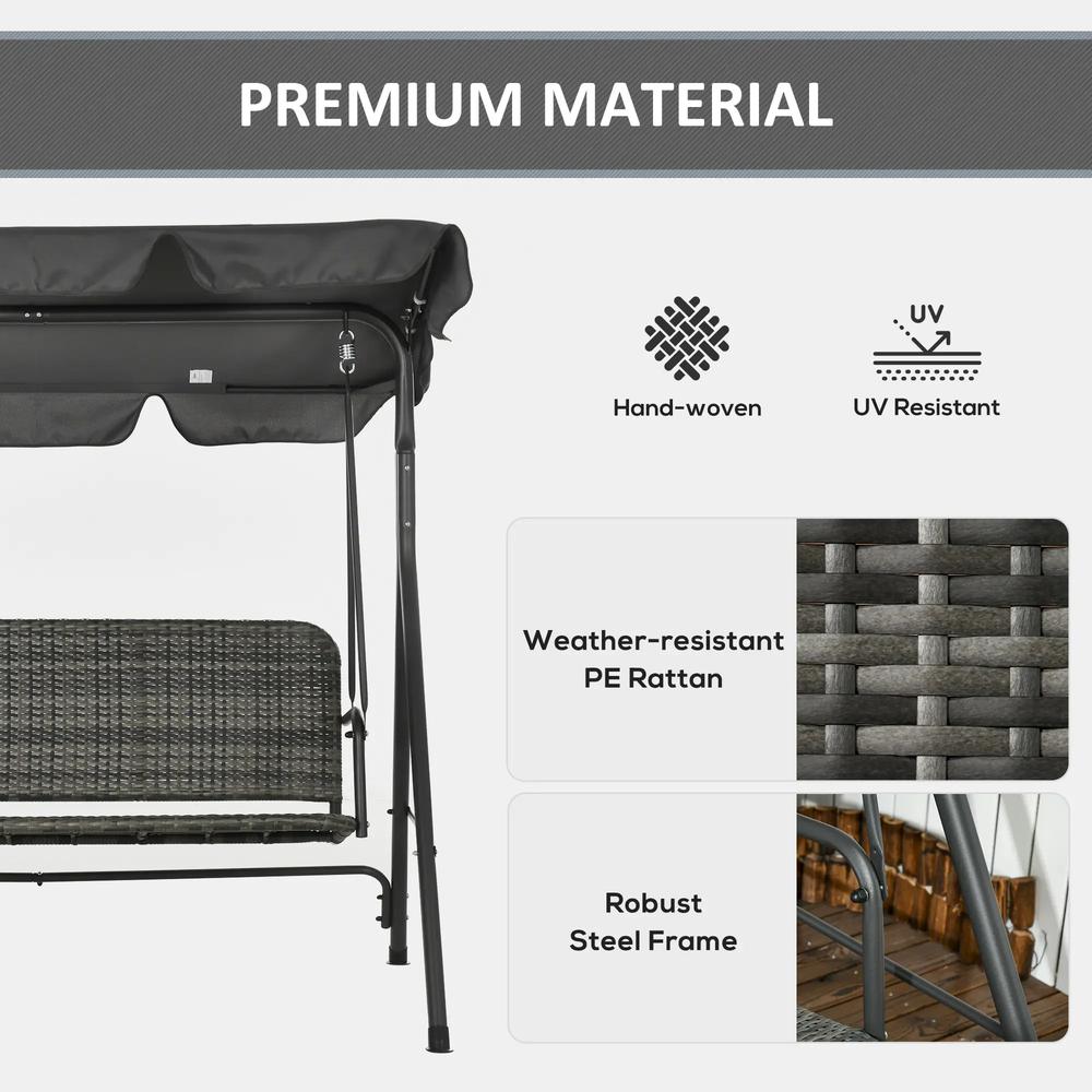 Outsunny 3-Seater Outdoor PE Rattan Swing Chair, Patio Wicker Hanging Swing Bench with Steel Frame Stand & Adjustable Canopy, Grey 3