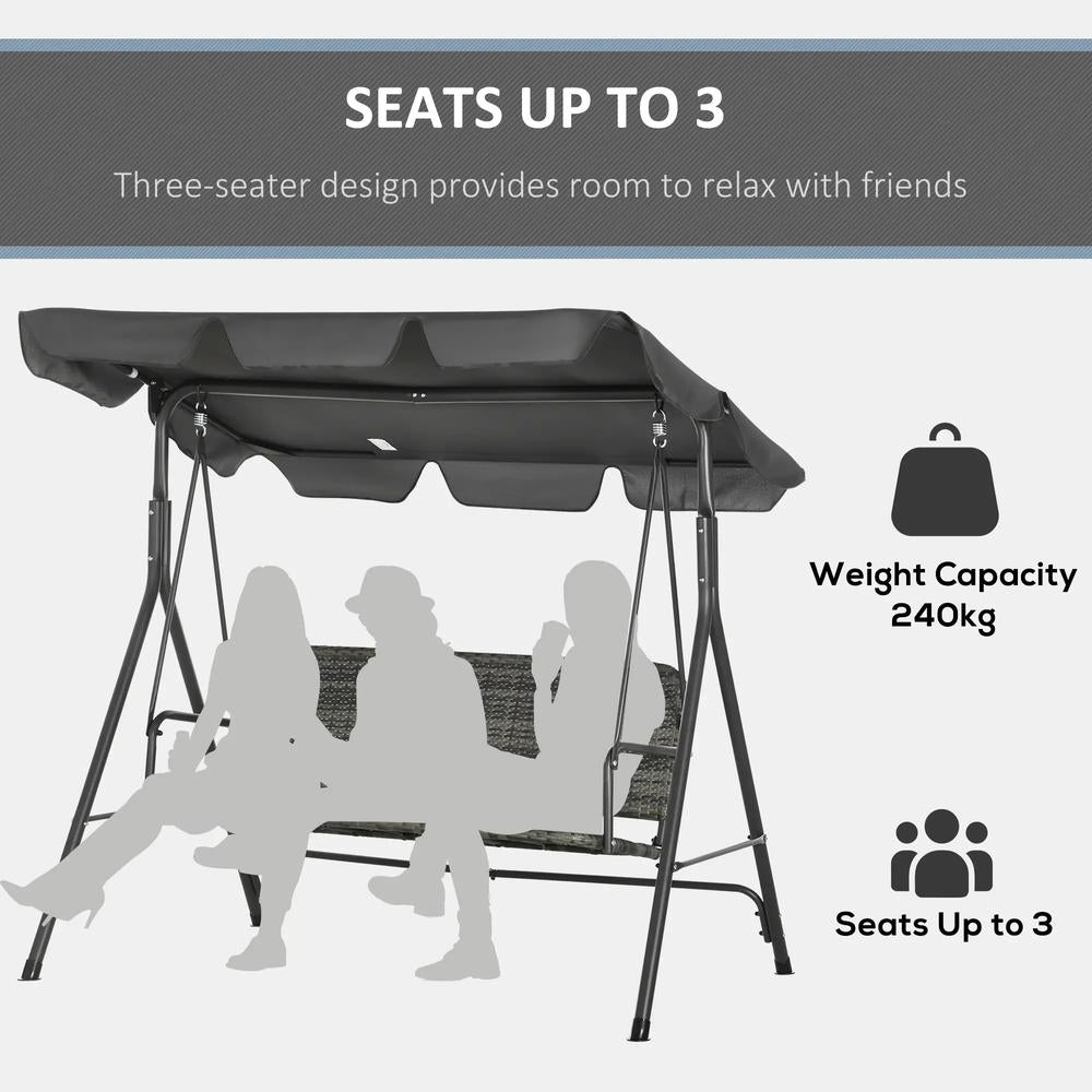 Outsunny 3-Seater Outdoor PE Rattan Swing Chair, Patio Wicker Hanging Swing Bench with Steel Frame Stand & Adjustable Canopy, Grey 4