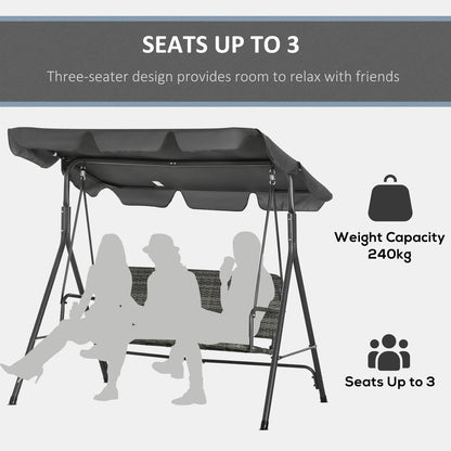 Outsunny 3-Seater Outdoor PE Rattan Swing Chair, Patio Wicker Hanging Swing Bench with Steel Frame Stand & Adjustable Canopy, Grey 4