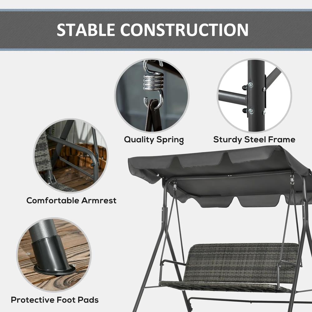 Outsunny 3-Seater Outdoor PE Rattan Swing Chair, Patio Wicker Hanging Swing Bench with Steel Frame Stand & Adjustable Canopy, Grey 6