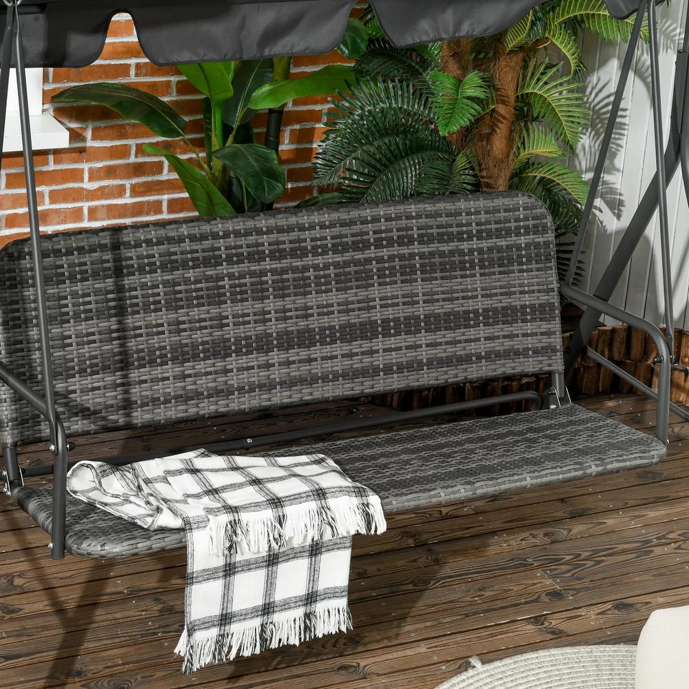 Outsunny 3-Seater Outdoor PE Rattan Swing Chair, Patio Wicker Hanging Swing Bench with Steel Frame Stand & Adjustable Canopy, Grey 7