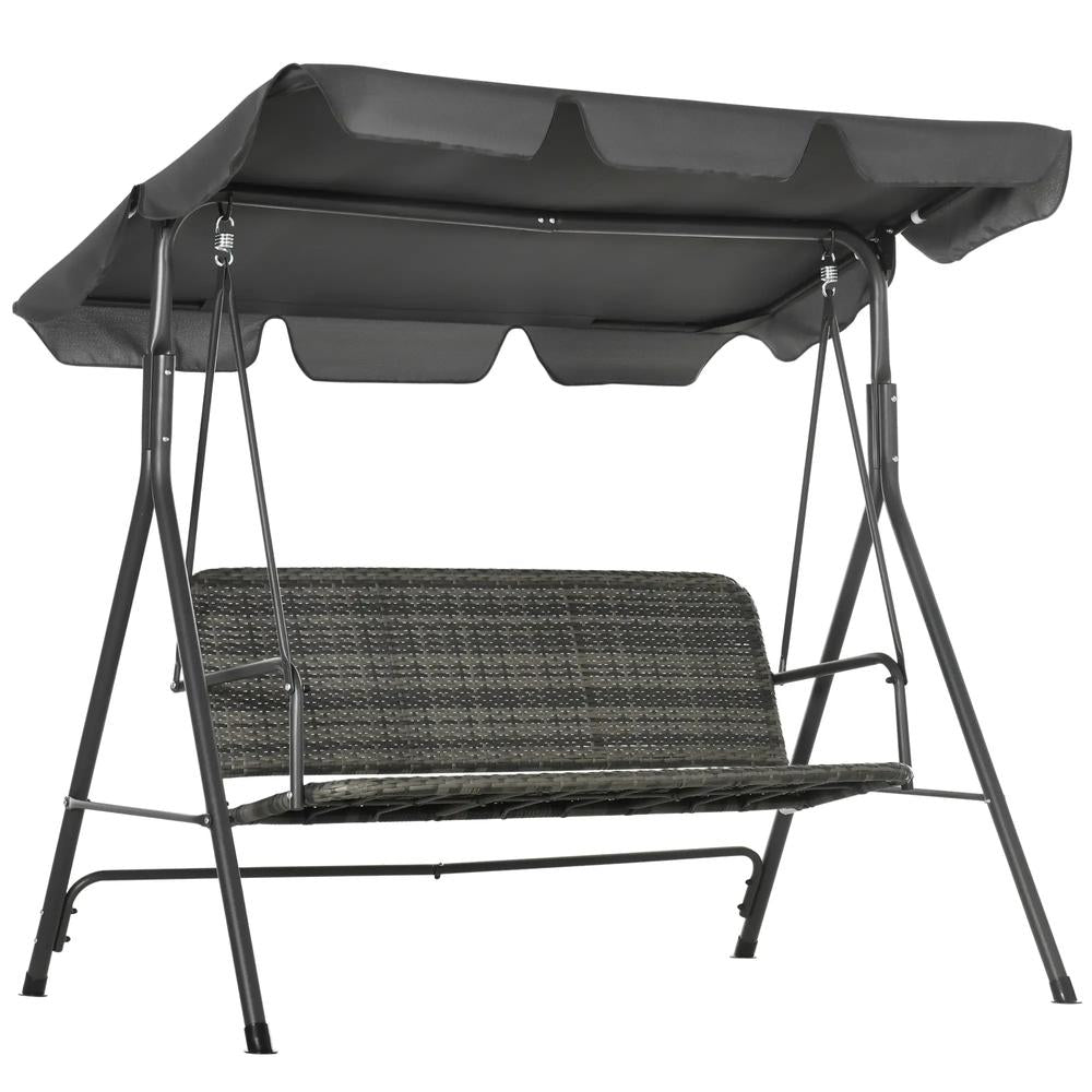 Outsunny 3-Seater Outdoor PE Rattan Swing Chair, Patio Wicker Hanging Swing Bench with Steel Frame Stand & Adjustable Canopy, Grey 