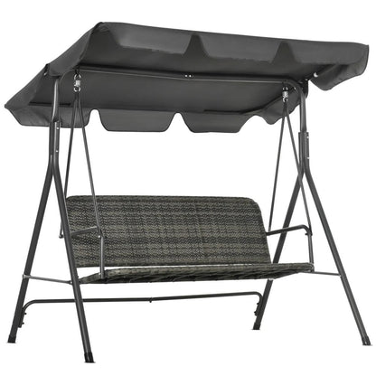 Outsunny 3-Seater Outdoor PE Rattan Swing Chair, Patio Wicker Hanging Swing Bench with Steel Frame Stand & Adjustable Canopy, Grey 