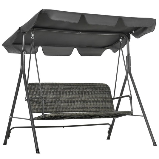 Outsunny 3-Seater Outdoor PE Rattan Swing Chair, Patio Wicker Hanging Swing Bench with Steel Frame Stand & Adjustable Canopy, Grey 