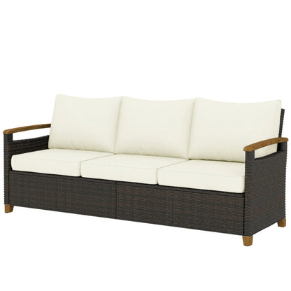 Outsunny 3 Seater Rattan Garden Sofa, PE Wicker Outdoor Sofa Wide Deep Seat, 4" Cushions, Wood-Effect Armrests Legs, Brown
