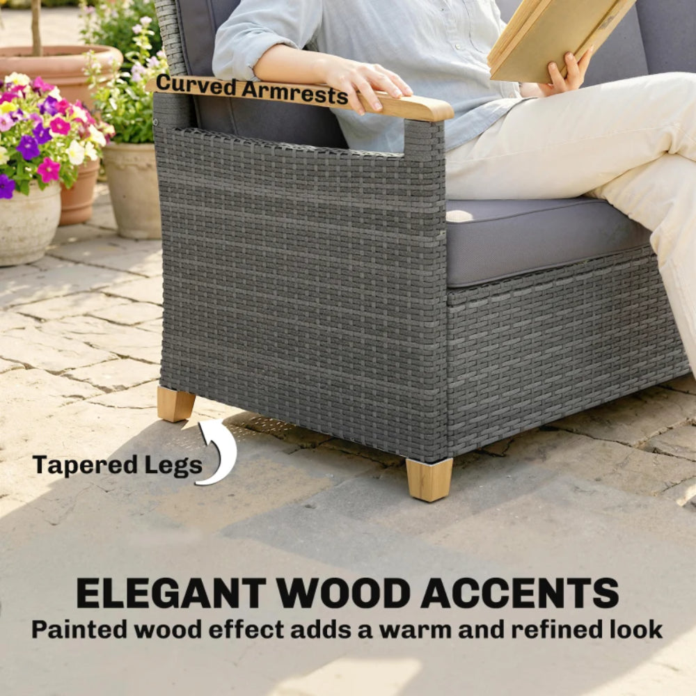 Outsunny 3 Seater Rattan Garden Sofa, PE Wicker Outdoor Sofa Wide Deep Seat, 4" Cushions, Wood-Effect Armrests Legs, Dark Grey