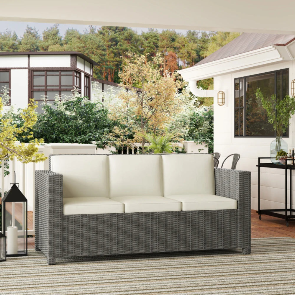 Outsunny 3 Seater Rattan Sofa All-Weather Wicker Weave Metal Frame Chair with Fire Resistant Cushion